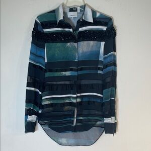 3.1 Phillip Lim 0 Pure Silk Sequined Multicolor Striped Button Down Shirt.